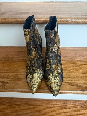 Jessica Simpson Black and Gold Brocade Pointed Ankle Boots